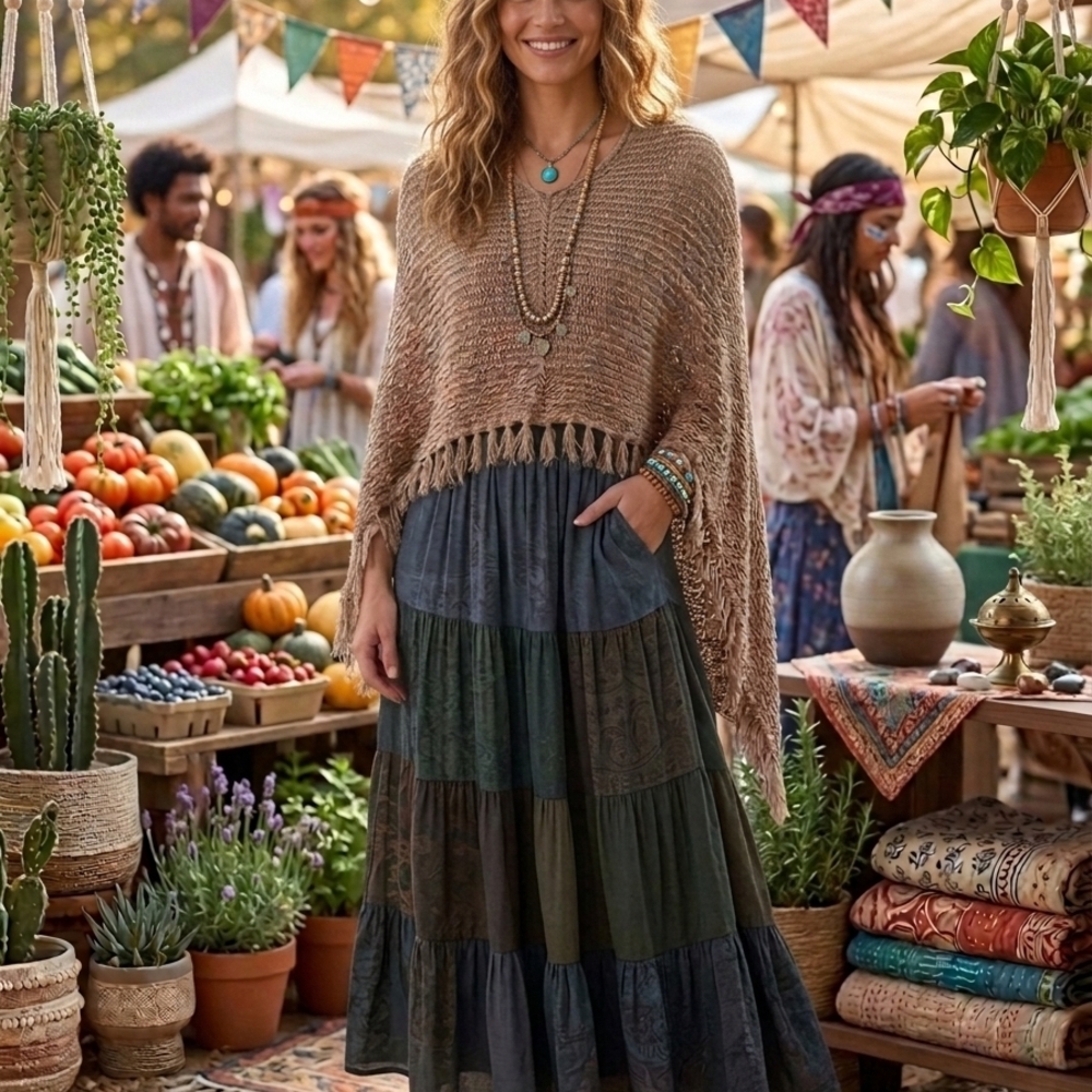 Boho Fringe High Low Knit Poncho